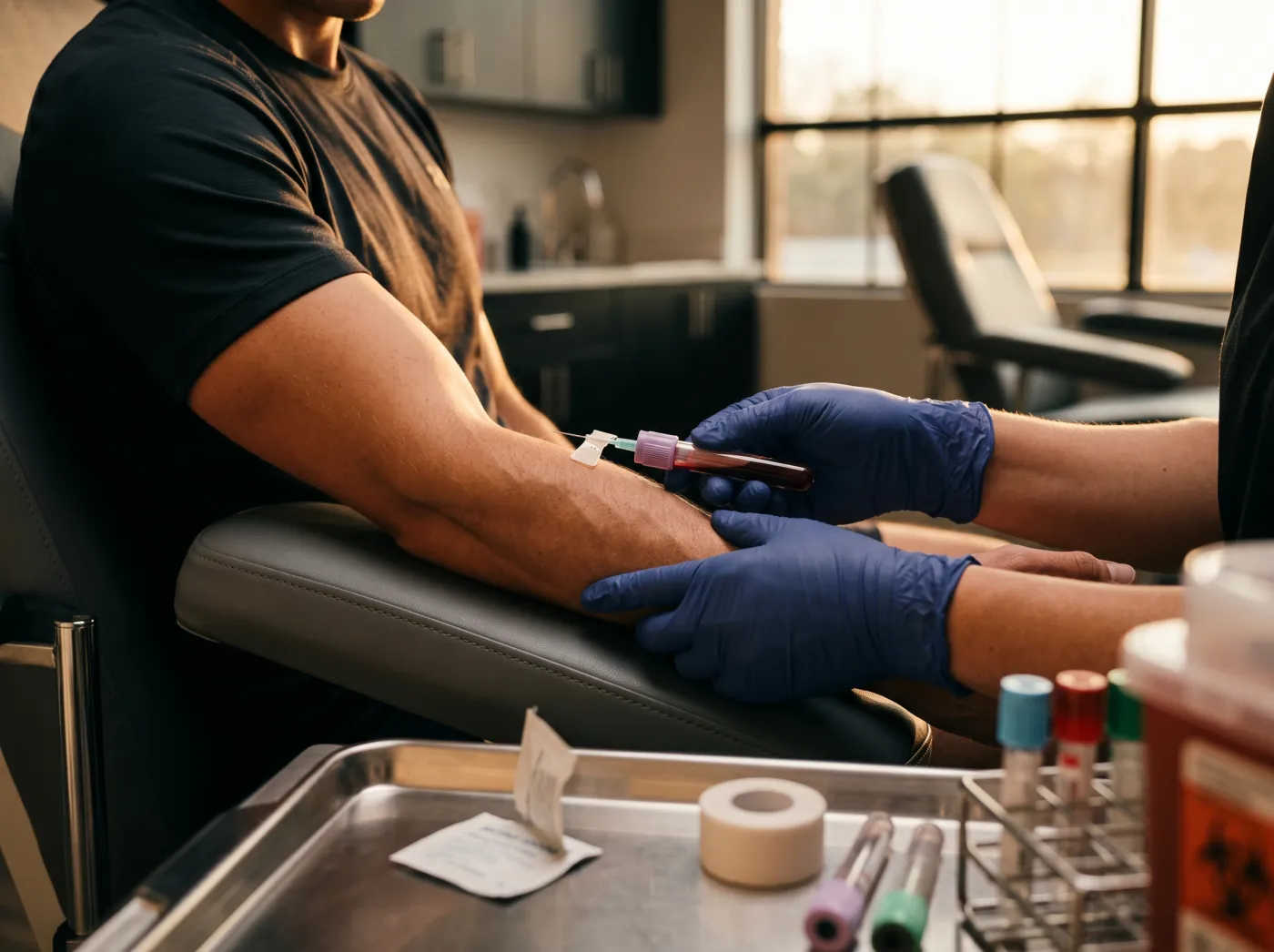 Close-up of gloved hands performing a venous blood draw with labeled collection vials