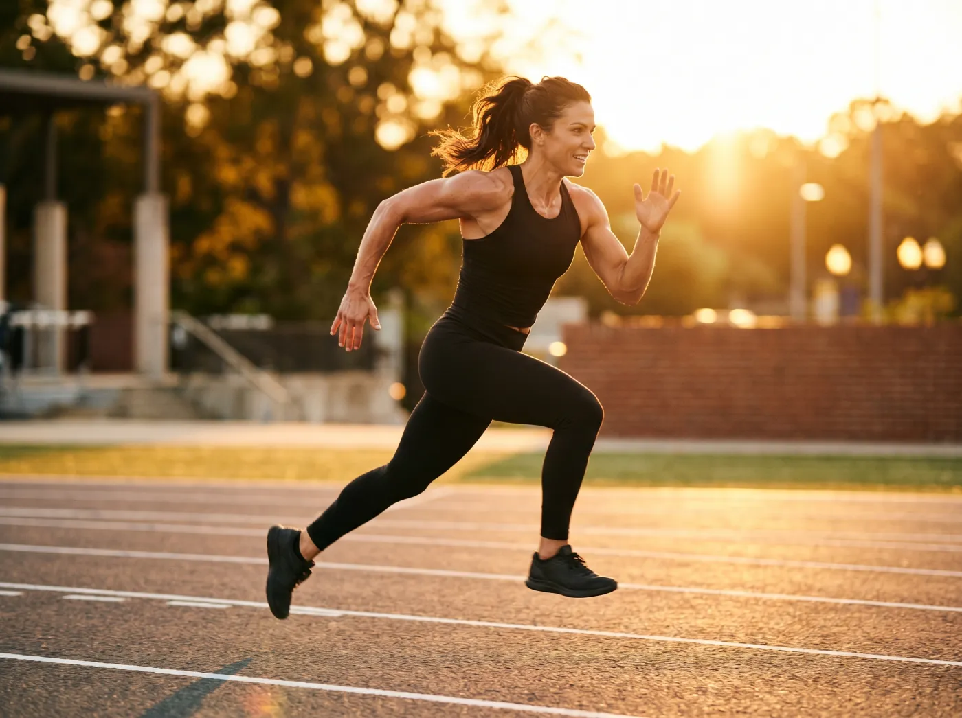 Athletic woman mid-stride sprinting on a track at golden hour, backlit by warm amber sunlight