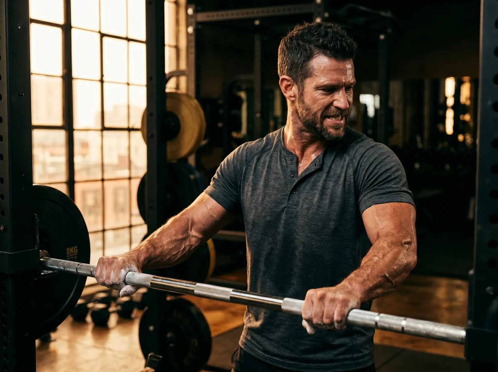 Athletic man in his early 40s mid-strength-training, defined forearms, focused intensity. TRT for performance and vitality